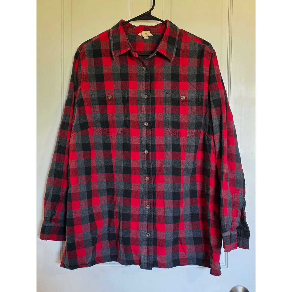 Duluth Trading Co Men 2X Red Gray Buffalo Plaid Cotton Flannel Button Down Shirt